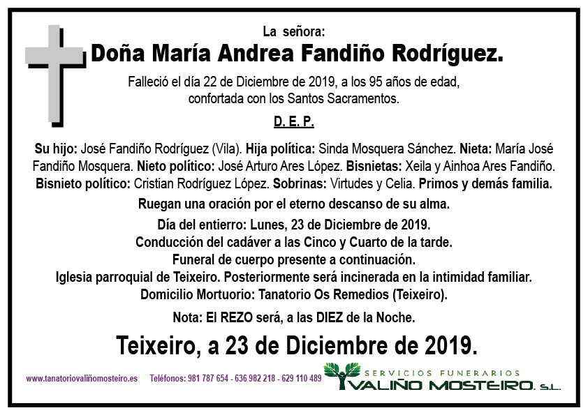 Esquela de María Andrea Fandiño Rodríguez.